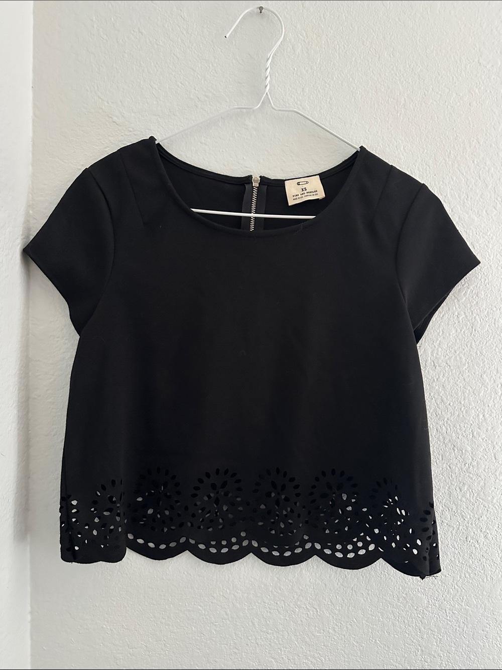 Pins & Needles Black Short Sleeve Crop Top with Laser-Cut Hem